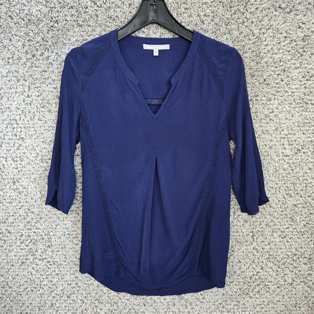 Daniel Rainn Top Womens Small Navy Blue V-Neck 3/4 Sleeve Semi Sheer‎ Casual